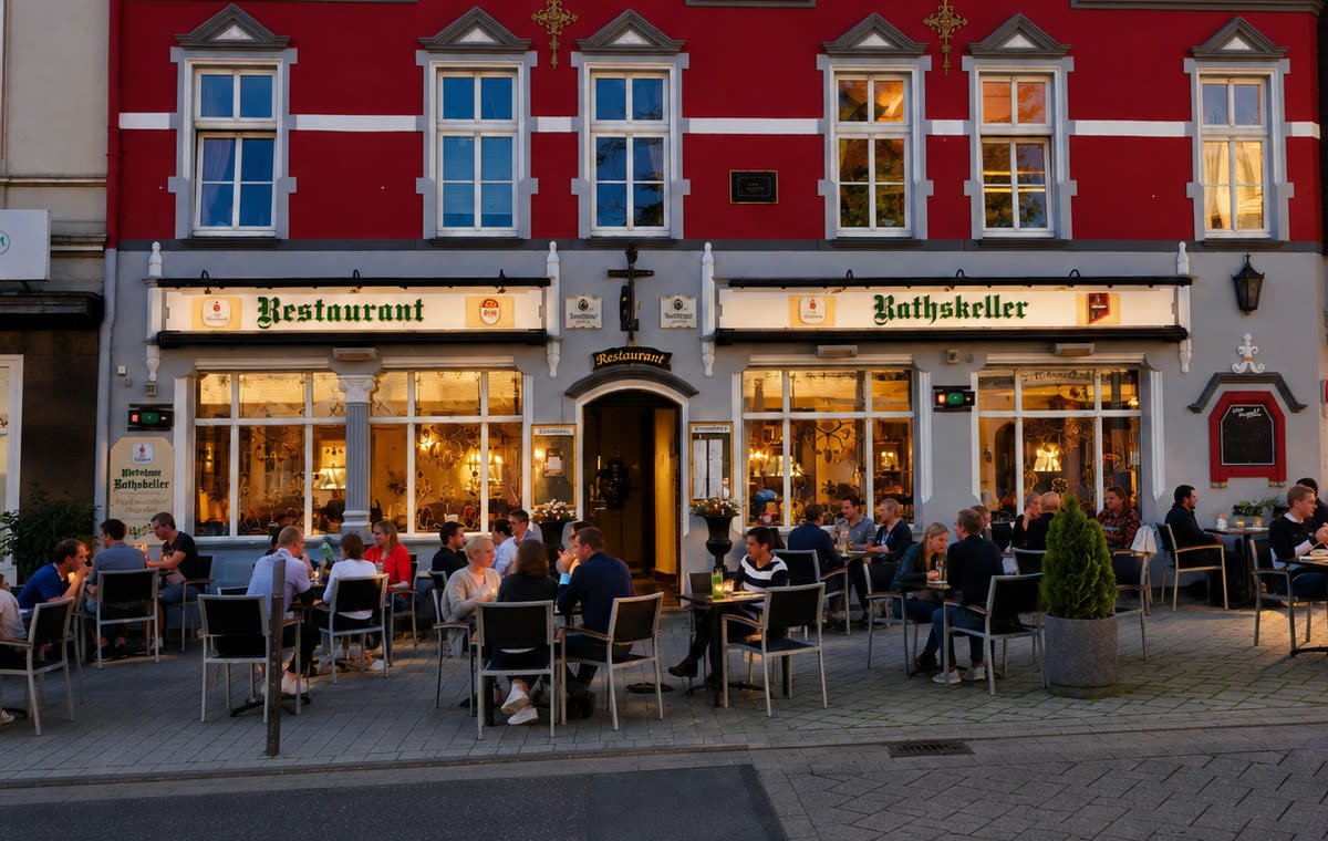 Der Rathskeller Gevelsberg am Abend – rote Fassade mit gut besuchter Außenterrasse